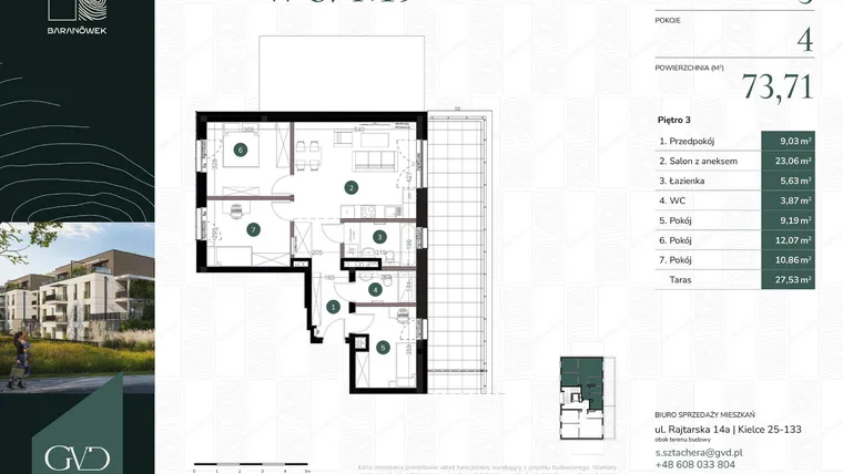 Rzut - Mieszkanie na sprzedaż 4 pokoje o powierzchni 73,71 m² - numer W6/09 w Baranówek