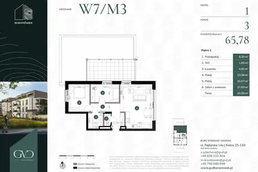 Rzut - Mieszkanie na sprzedaż 3 pokoje o powierzchni 65,78 m² - numer W7/03 w Baranówek