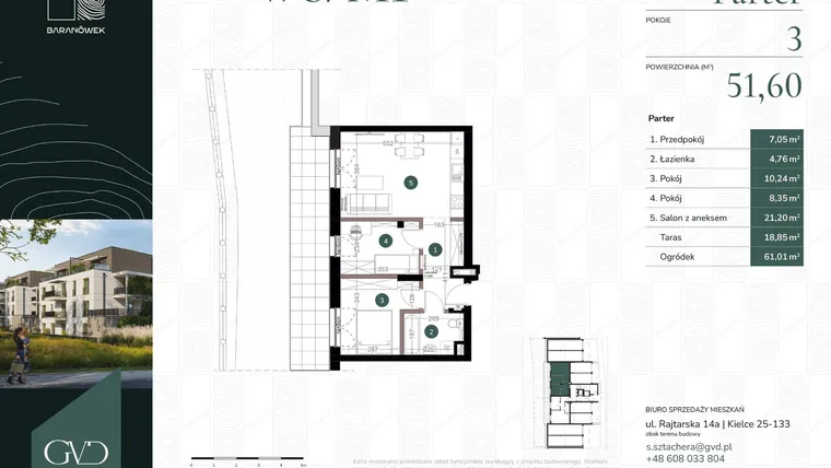 Rzut - Mieszkanie na sprzedaż 3 pokoje o powierzchni 51,6 m² - numer W8/01 w Baranówek