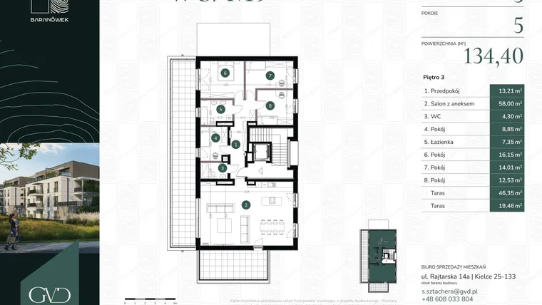 Rzut - Mieszkanie na sprzedaż 5 pokoi o powierzchni 134,4 m² - numer W8/09 w Baranówek