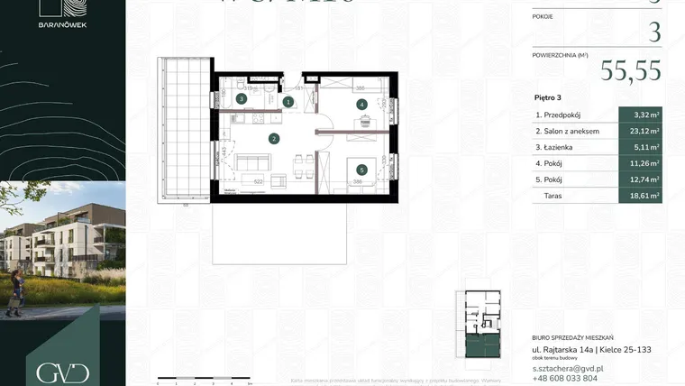 Rzut - Mieszkanie na sprzedaż 3 pokoje o powierzchni 55,55 m² - numer W8/10 w Baranówek