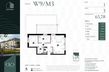 Rzut - Mieszkanie na sprzedaż 3 pokoje o powierzchni 65,78 m² - numer W9/03 w Baranówek
