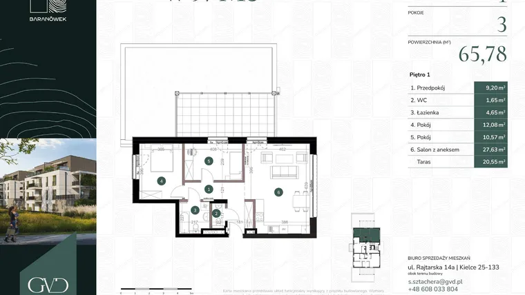 Rzut - Mieszkanie na sprzedaż 3 pokoje o powierzchni 65,78 m² - numer W9/03 w Baranówek