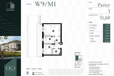 Rzut - Mieszkanie na sprzedaż 3 pokoje o powierzchni 51,6 m² - numer W9/01 w Baranówek
