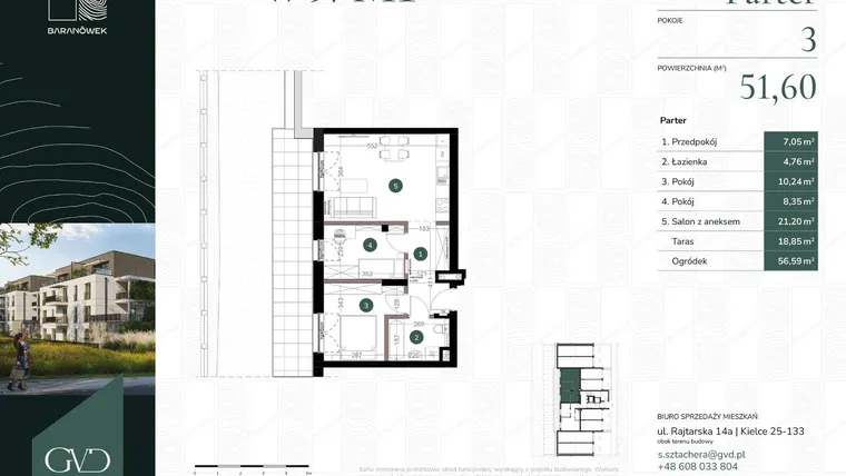 Rzut - Mieszkanie na sprzedaż 3 pokoje o powierzchni 51,6 m² - numer W9/01 w Baranówek