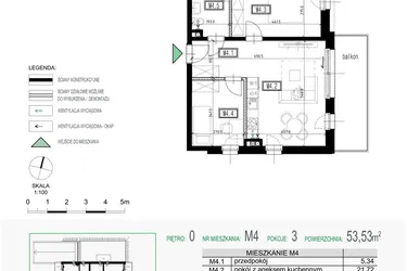 Rzut - Mieszkanie na sprzedaż 3 pokoje o powierzchni 53,53 m² - numer 4 w Kolarska Koncept