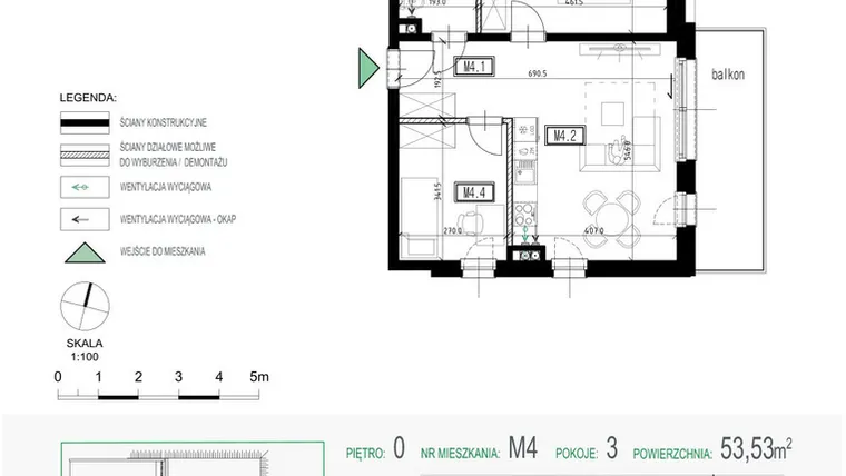 Rzut - Mieszkanie na sprzedaż 3 pokoje o powierzchni 53,53 m² - numer 4 w Kolarska Koncept