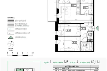 Rzut - Mieszkanie na sprzedaż 4 pokoje o powierzchni 69,11 m² - numer 6 w Kolarska Koncept