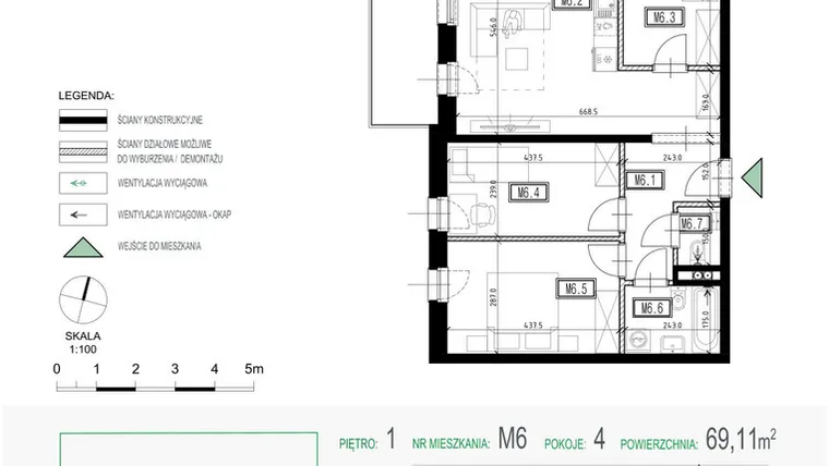 Rzut - Mieszkanie na sprzedaż 4 pokoje o powierzchni 69,11 m² - numer 6 w Kolarska Koncept