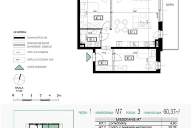 Rzut - Mieszkanie na sprzedaż 3 pokoje o powierzchni 60,37 m² - numer 7 w Kolarska Koncept