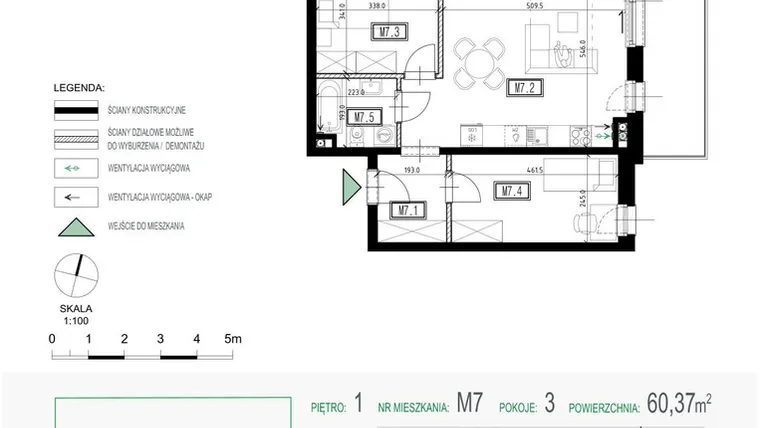 Rzut - Mieszkanie na sprzedaż 3 pokoje o powierzchni 60,37 m² - numer 7 w Kolarska Koncept