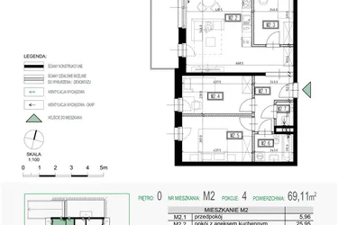 Rzut - Mieszkanie na sprzedaż 4 pokoje o powierzchni 69,11 m² - numer 2 w Kolarska Koncept