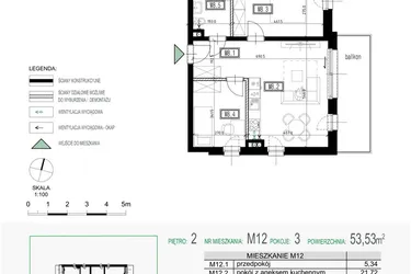 Rzut - Mieszkanie na sprzedaż 3 pokoje o powierzchni 53,53 m² - numer 12 w Kolarska Koncept