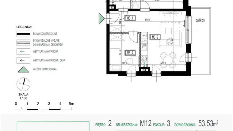 Rzut - Mieszkanie na sprzedaż 3 pokoje o powierzchni 53,53 m² - numer 12 w Kolarska Koncept