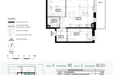 Rzut - Mieszkanie na sprzedaż 3 pokoje o powierzchni 60,37 m² - numer 3 w Kolarska Koncept