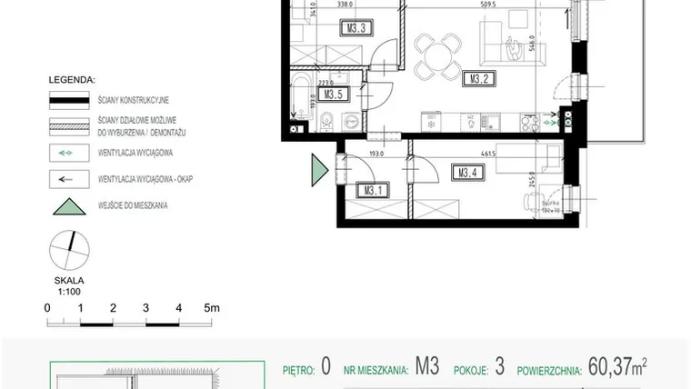 Rzut - Mieszkanie na sprzedaż 3 pokoje o powierzchni 60,37 m² - numer 3 w Kolarska Koncept