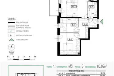 Rzut - Mieszkanie na sprzedaż 3 pokoje o powierzchni 65,92 m² - numer 5 w Kolarska Koncept