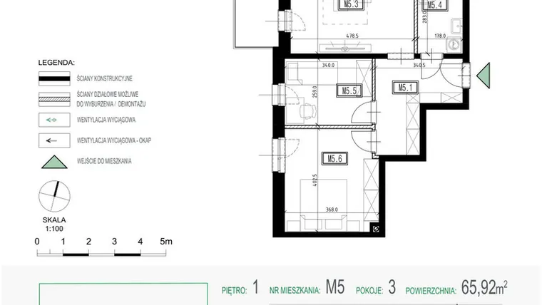 Rzut - Mieszkanie na sprzedaż 3 pokoje o powierzchni 65,92 m² - numer 5 w Kolarska Koncept
