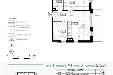 Rzut - Mieszkanie na sprzedaż 3 pokoje o powierzchni 53,53 m² - numer 8 w Kolarska Koncept