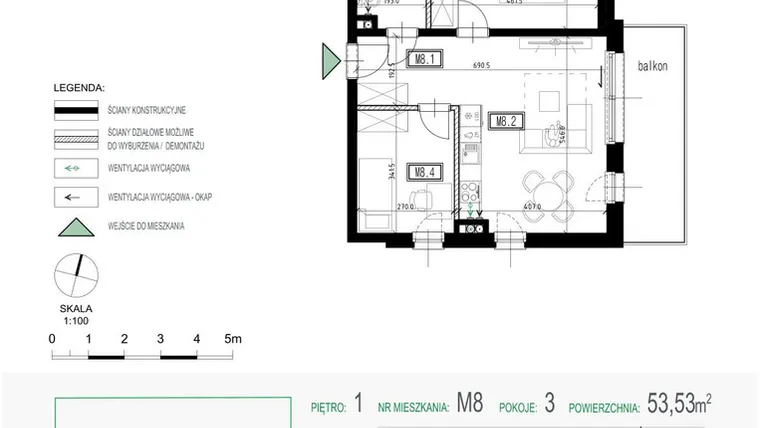 Rzut - Mieszkanie na sprzedaż 3 pokoje o powierzchni 53,53 m² - numer 8 w Kolarska Koncept