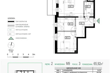 Rzut - Mieszkanie na sprzedaż 3 pokoje o powierzchni 65,92 m² - numer 9 w Kolarska Koncept