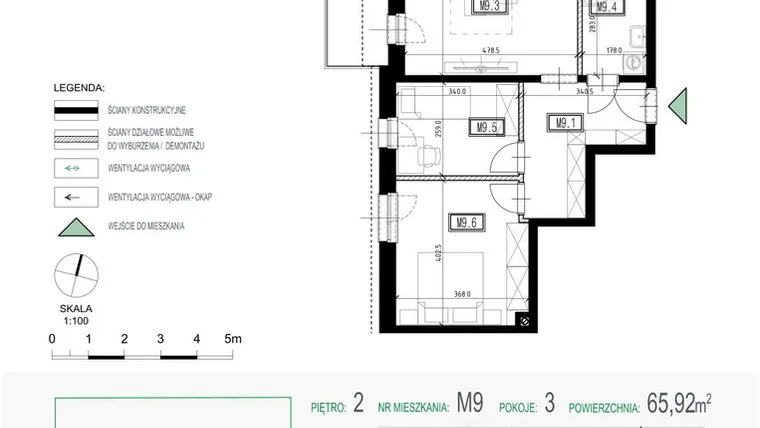Rzut - Mieszkanie na sprzedaż 3 pokoje o powierzchni 65,92 m² - numer 9 w Kolarska Koncept