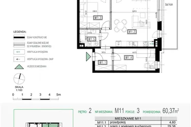 Rzut - Mieszkanie na sprzedaż 3 pokoje o powierzchni 60,37 m² - numer 11 w Kolarska Koncept