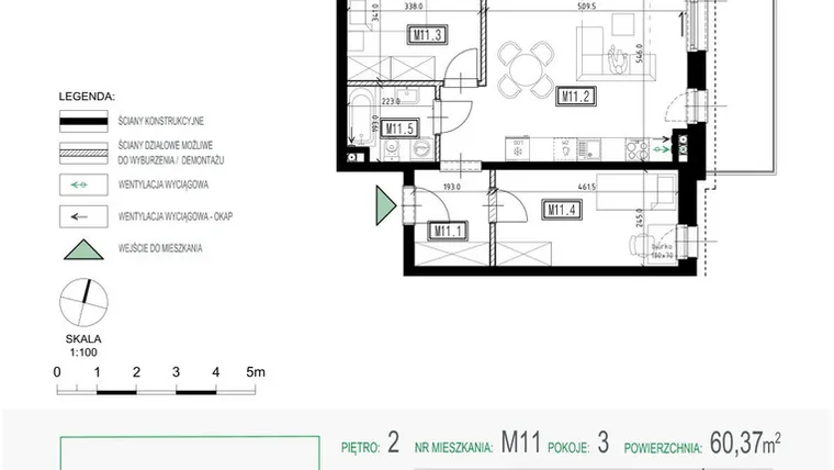 Rzut - Mieszkanie na sprzedaż 3 pokoje o powierzchni 60,37 m² - numer 11 w Kolarska Koncept
