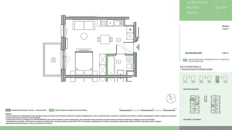 Rzut - Mieszkanie na sprzedaż 1 pokój o powierzchni 30,07 m² - numer C1 M12 w Moi!Myśliborska