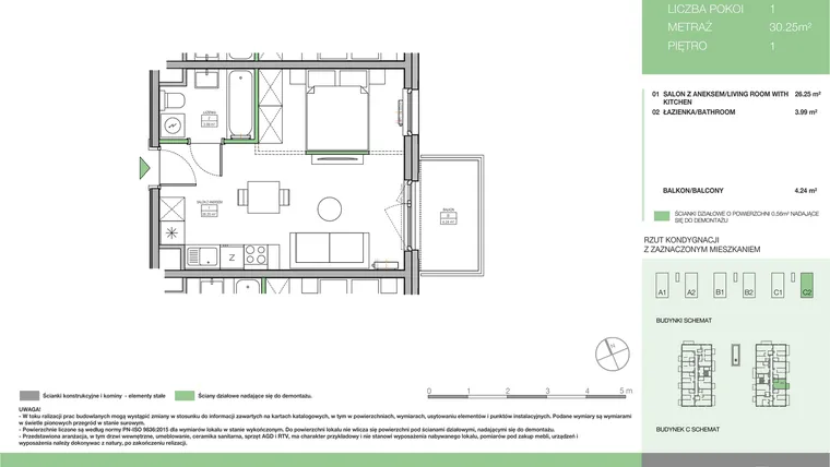 Rzut - Mieszkanie na sprzedaż 1 pokój o powierzchni 30,25 m² - numer C2 M12 w Moi!Myśliborska