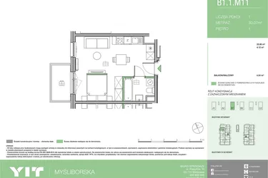 Rzut - Mieszkanie na sprzedaż 1 pokój o powierzchni 30,07 m² - numer B1 M11 w Moi!Myśliborska