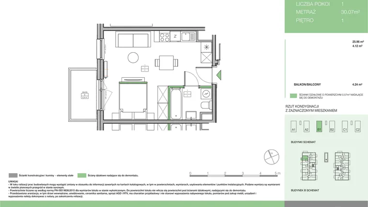 Rzut - Mieszkanie na sprzedaż 1 pokój o powierzchni 30,07 m² - numer B1 M11 w Moi!Myśliborska