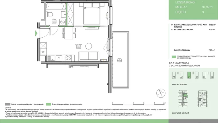 Rzut - Mieszkanie na sprzedaż 1 pokój o powierzchni 34,97 m² - numer B1 M27 w Moi!Myśliborska