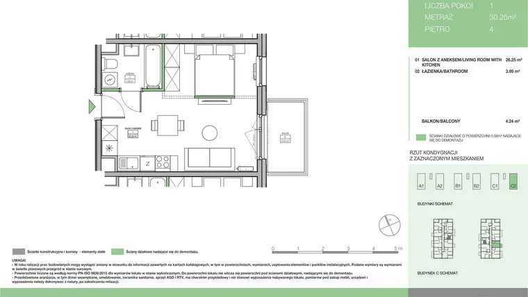 Rzut - Mieszkanie na sprzedaż 1 pokój o powierzchni 30,25 m² - numer C2 M36 w Moi!Myśliborska