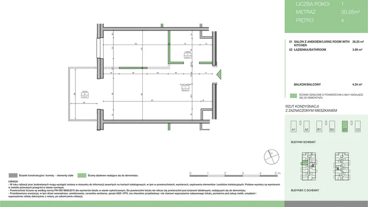 Rzut - Mieszkanie na sprzedaż 1 pokój o powierzchni 30,25 m² - numer C1 M33 w Moi!Myśliborska