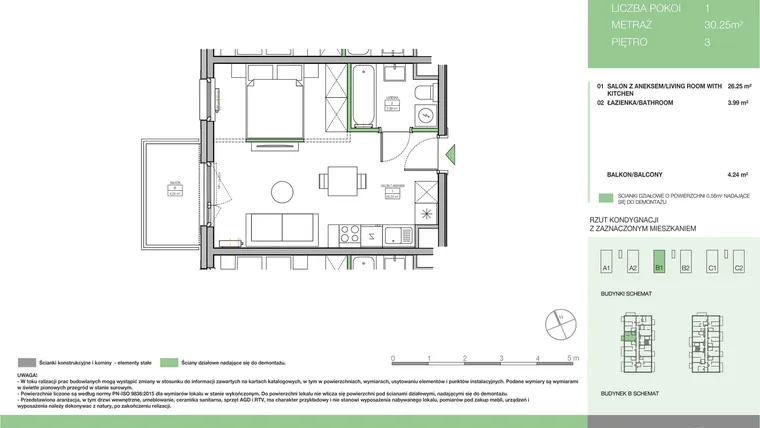 Rzut - Mieszkanie na sprzedaż 1 pokój o powierzchni 30,25 m² - numer B1 M24 w Moi!Myśliborska