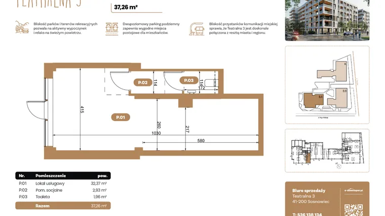 Rzut - Lokal użytkowy na sprzedaż 1 pokój o powierzchni 37,26 m² - numer BL 02.1 w Teatralna 3