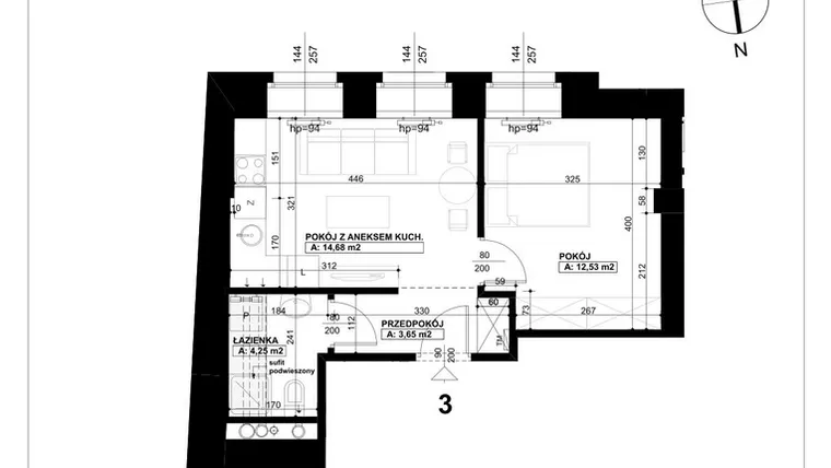 Rzut - Mieszkanie na sprzedaż 2 pokoje o powierzchni 35,11 m² - numer 3 w Święty Marcin 65
