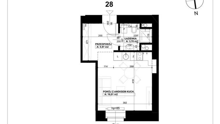 Rzut - Mieszkanie na sprzedaż 1 pokój o powierzchni 25,68 m² - numer 28 w Święty Marcin 65