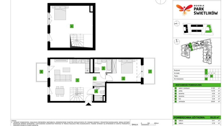 Rzut - Mieszkanie na sprzedaż 2 pokoje o powierzchni 85,22 m² - numer A13 w Osiedle Park Świetlików