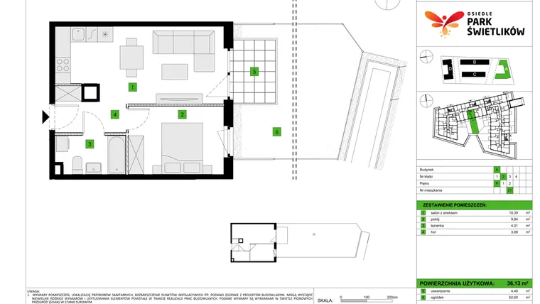 Rzut - Mieszkanie na sprzedaż 2 pokoje o powierzchni 36,13 m² - numer A21 w Osiedle Park Świetlików