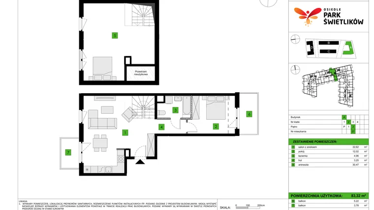 Rzut - Mieszkanie na sprzedaż 2 pokoje o powierzchni 83,32 m² - numer A27 w Osiedle Park Świetlików