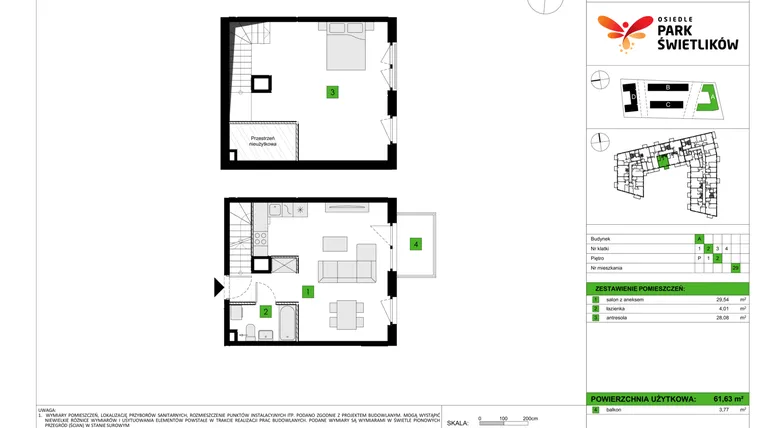 Rzut - Mieszkanie na sprzedaż 1 pokój o powierzchni 61,63 m² - numer A29 w Osiedle Park Świetlików