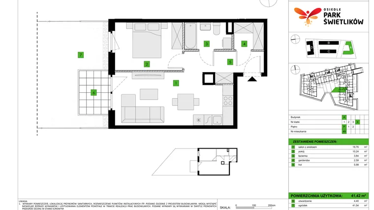 Rzut - Mieszkanie na sprzedaż 2 pokoje o powierzchni 41,42 m² - numer A49 w Osiedle Park Świetlików