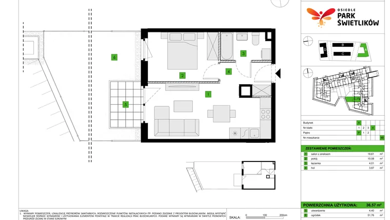 Rzut - Mieszkanie na sprzedaż 2 pokoje o powierzchni 36,57 m² - numer A48 w Osiedle Park Świetlików