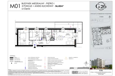 Rzut - Mieszkanie na sprzedaż 3 pokoje o powierzchni 56,42 m² - numer A2/01 w Gęsia 26 - Bud. A2