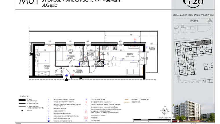 Rzut - Mieszkanie na sprzedaż 3 pokoje o powierzchni 56,42 m² - numer A2/01 w Gęsia 26 - Bud. A2
