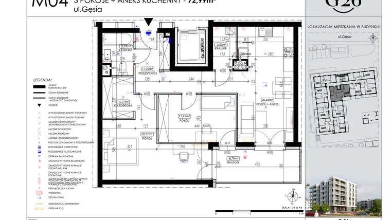 Rzut - Mieszkanie na sprzedaż 3 pokoje o powierzchni 72,99 m² - numer A2/04 w Gęsia 26 - Bud. A2