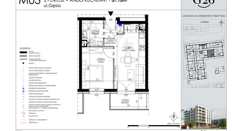 Rzut - Mieszkanie na sprzedaż 2 pokoje o powierzchni 37,15 m² - numer A2/03 w Gęsia 26 - Bud. A2