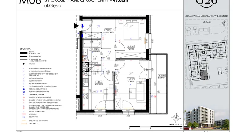 Rzut - Mieszkanie na sprzedaż 2 pokoje o powierzchni 49,02 m² - numer A2/06 w Gęsia 26 - Bud. A2